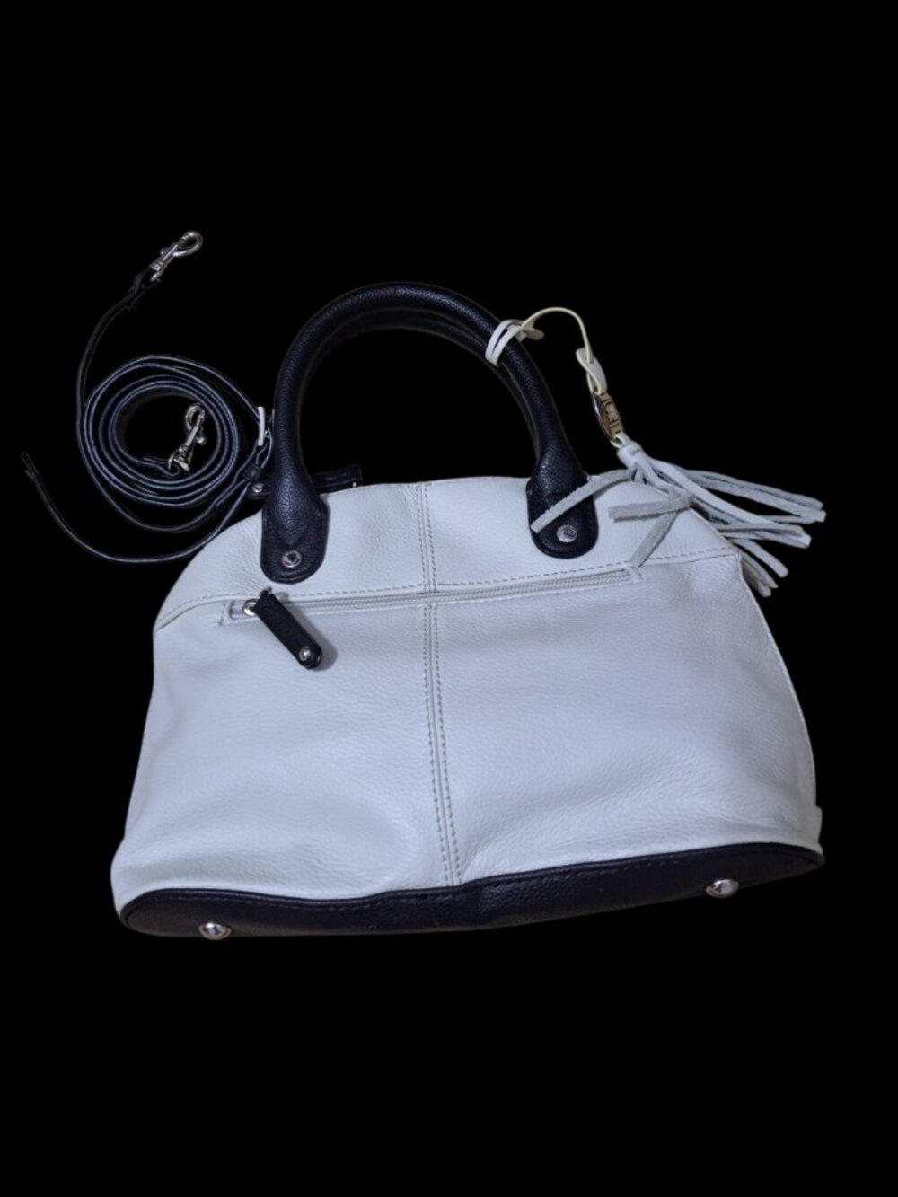 Tignanello Women's White Black Dome Satchel Hand Bag Purse Cross Body Leather